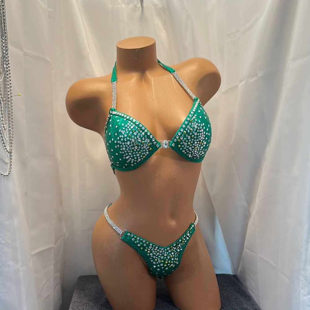 Npc figure suit 32B Green and crystal Rhinestone  small size handmade